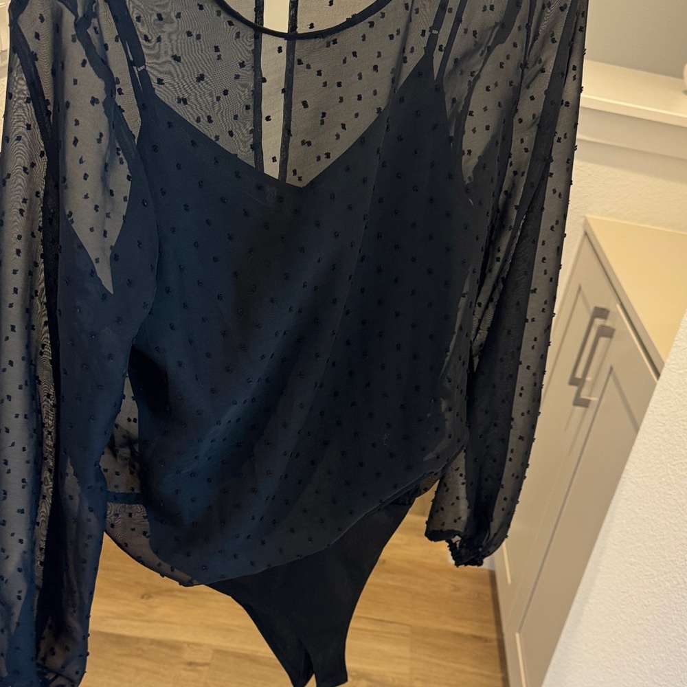 Elegant Black Sheer Polka Dot Women's long sleeve sheer bodysuit sz L